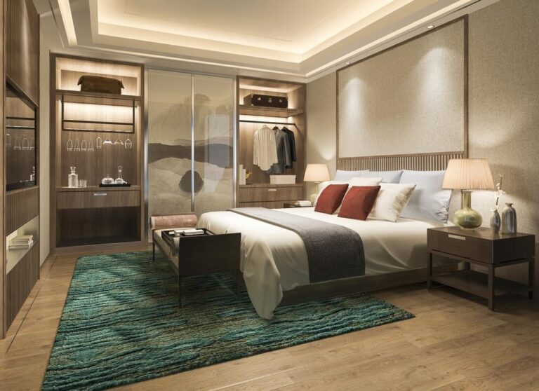 Modern luxury bedroom with lighted closets