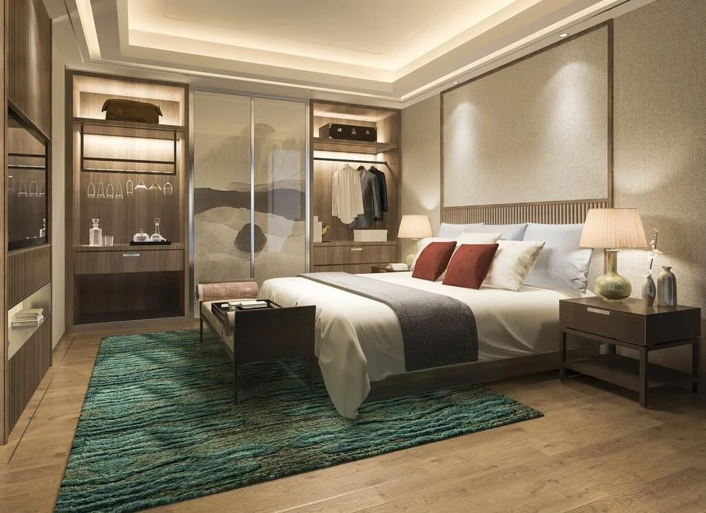 modern luxury bedroom with lighted closets
