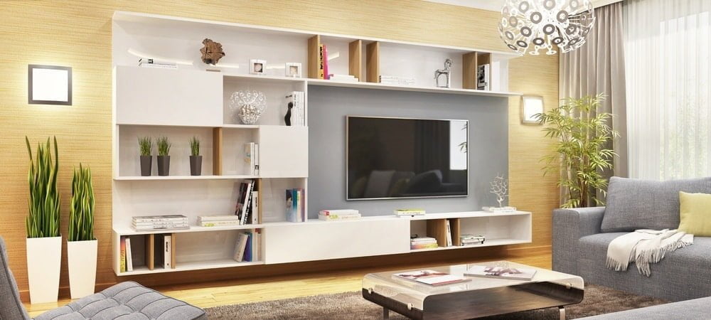 Large white tv unit with open shelves
