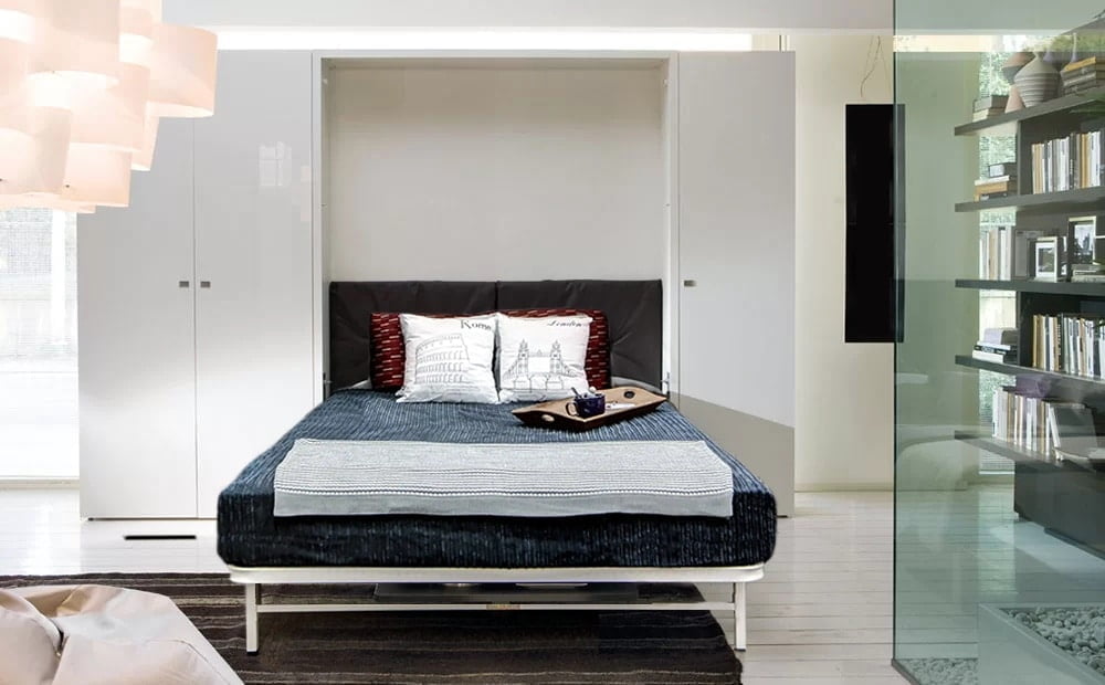 Murphy bed in a modern styled room with glass interior