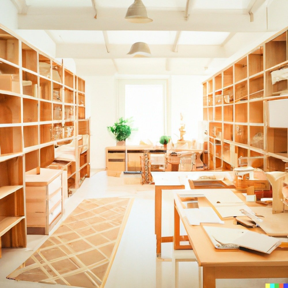 Large craft room that has empty wide wooden shelves both side and a large desk