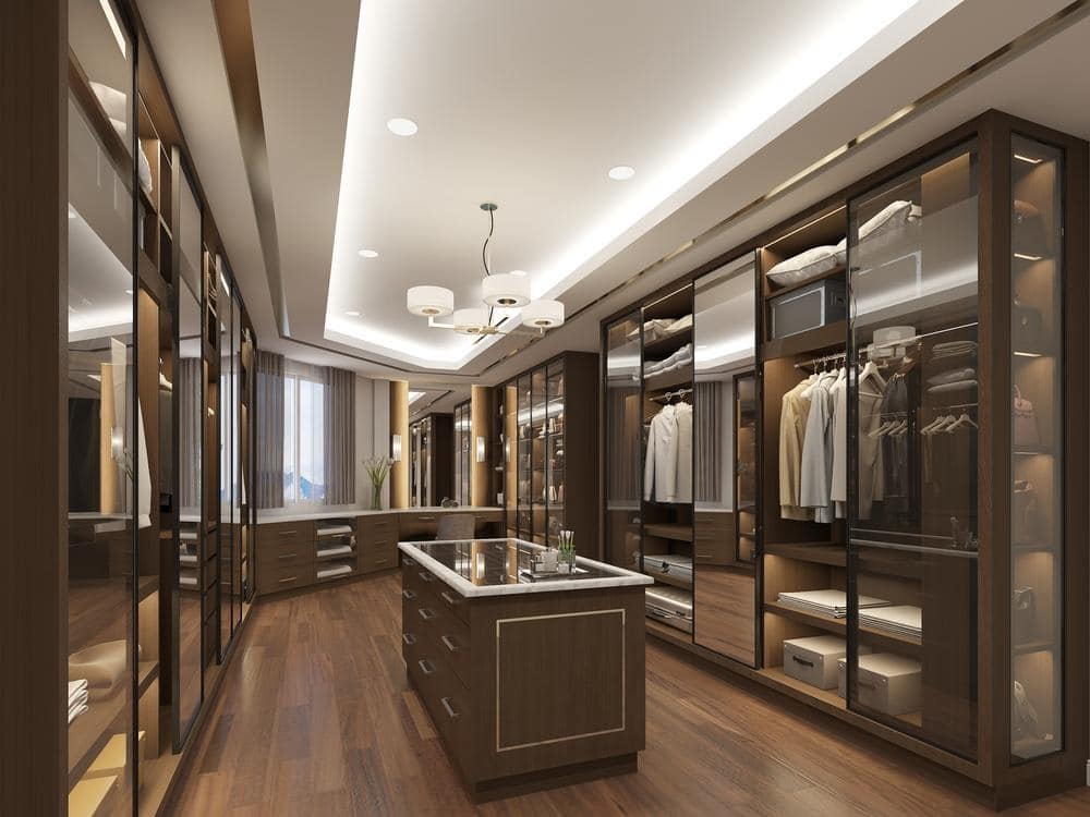 Luxury wooden walk-in closet with led ceiling lights and island