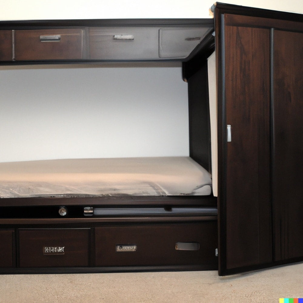 Murphy bed merged with dark wooden cabinet