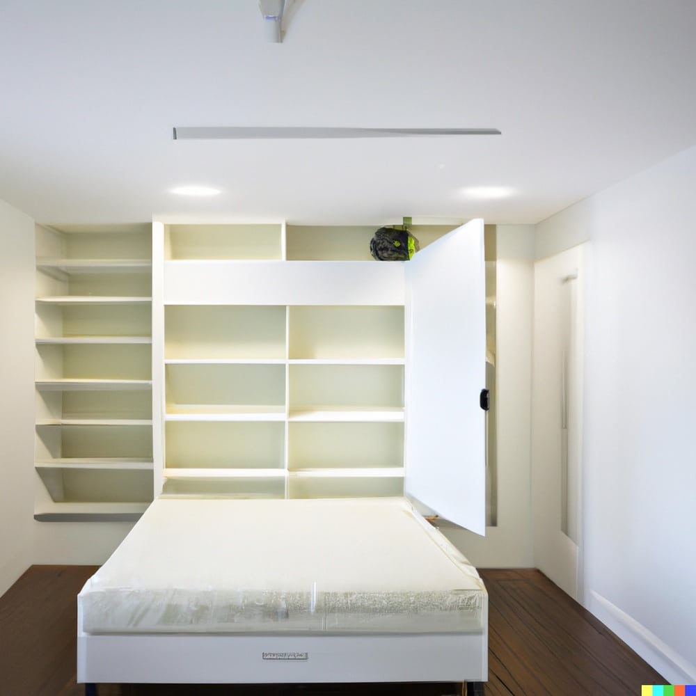 A murphy bed middle of a room with white wall cabinets