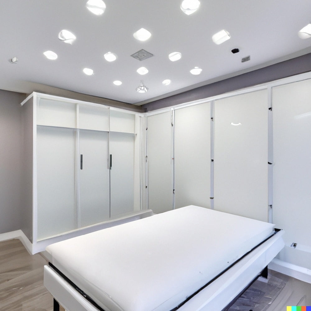 White murphy bed in a room with white wall cabinets and spotlights on the ceiling