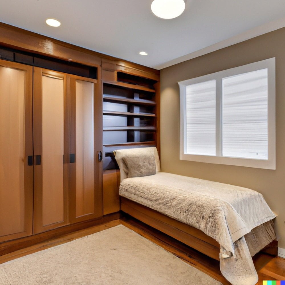 A small murphy bed at the corner of a room that has floor to ceiling wooden wardrobe