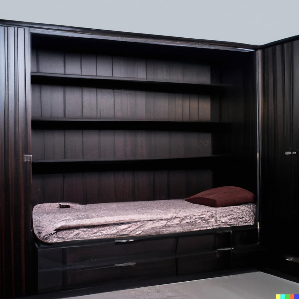 A rustic style murphy bed made of dark wood in a cabinet