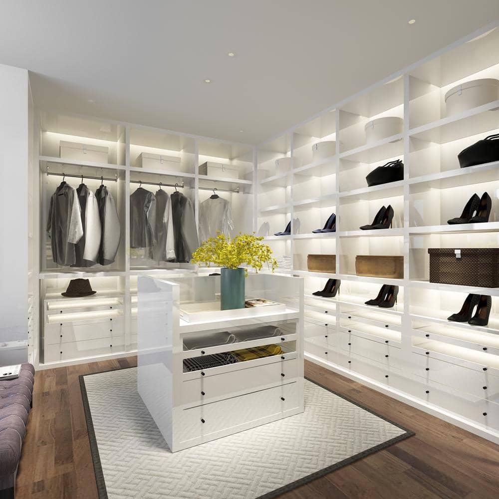 White walk-in closet with shelves and an island