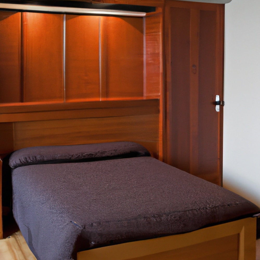 Traditional murphy bed in a contemporary bedroom. The bed is sleek and modern, but the frame of the bed is made of a dark, natural wood.
