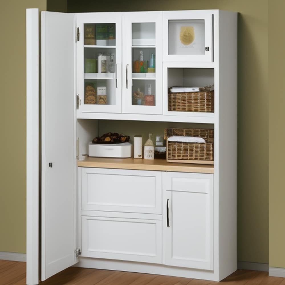 Small standing pantry with white cabinets and shelves