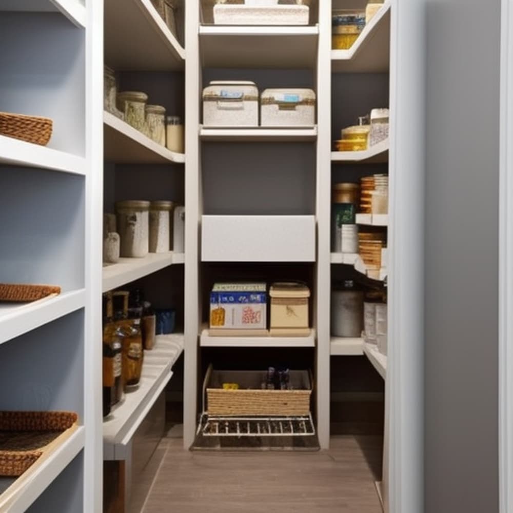 Walk in pantry with shite open shelves filled with food jars and kitchen items