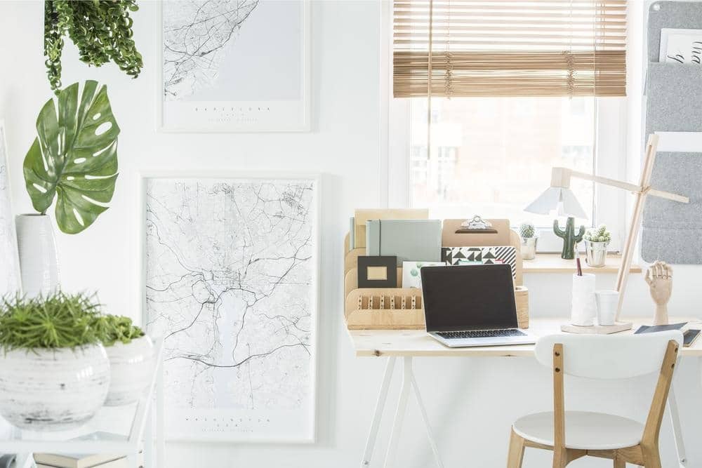 White desk with a laptop next to a white wall with plant decorations