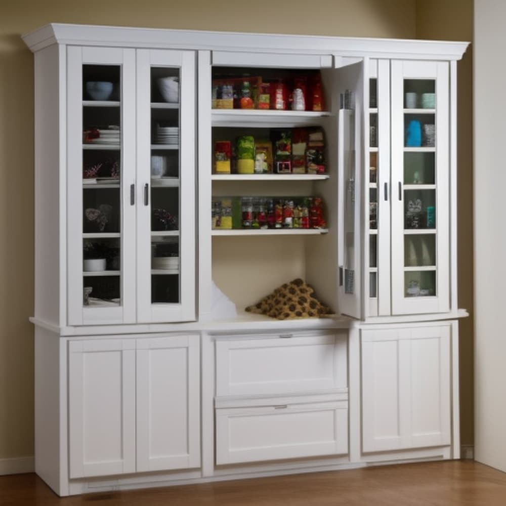 White pantry standing cabinet with glass doors and closed drawers