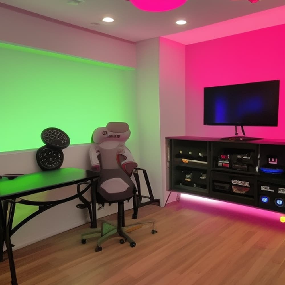 A room with green and red lighting chair and tv unit