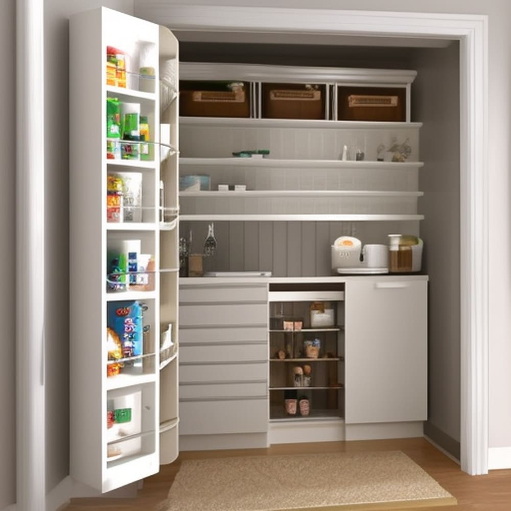 Kitchen pantry in a separate section of the room with white counter and item shelves