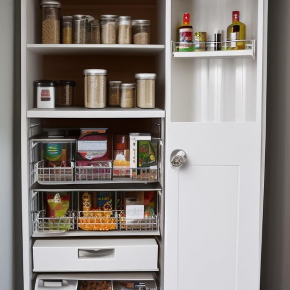 Small pantry cabinet with open door and shelves that has kitchen items
