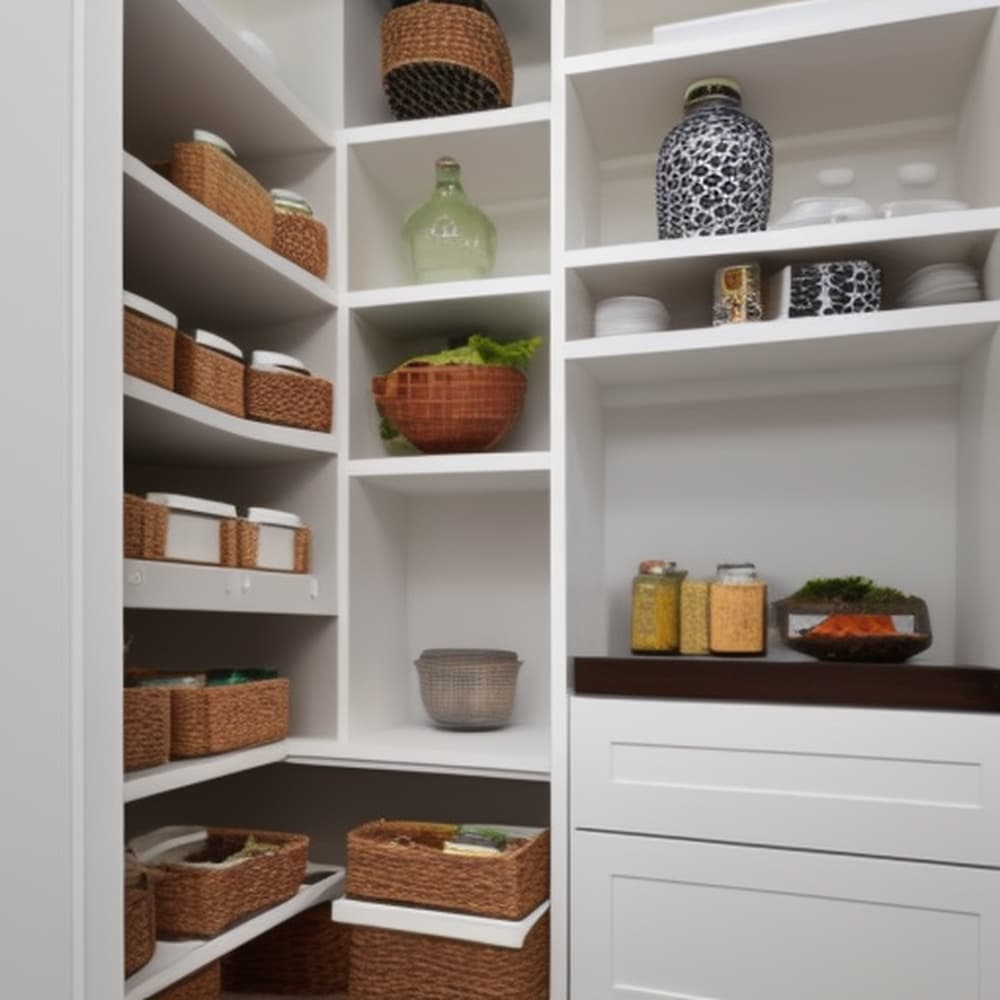 white pantry cabinet with open shelves that has storage bins and jars