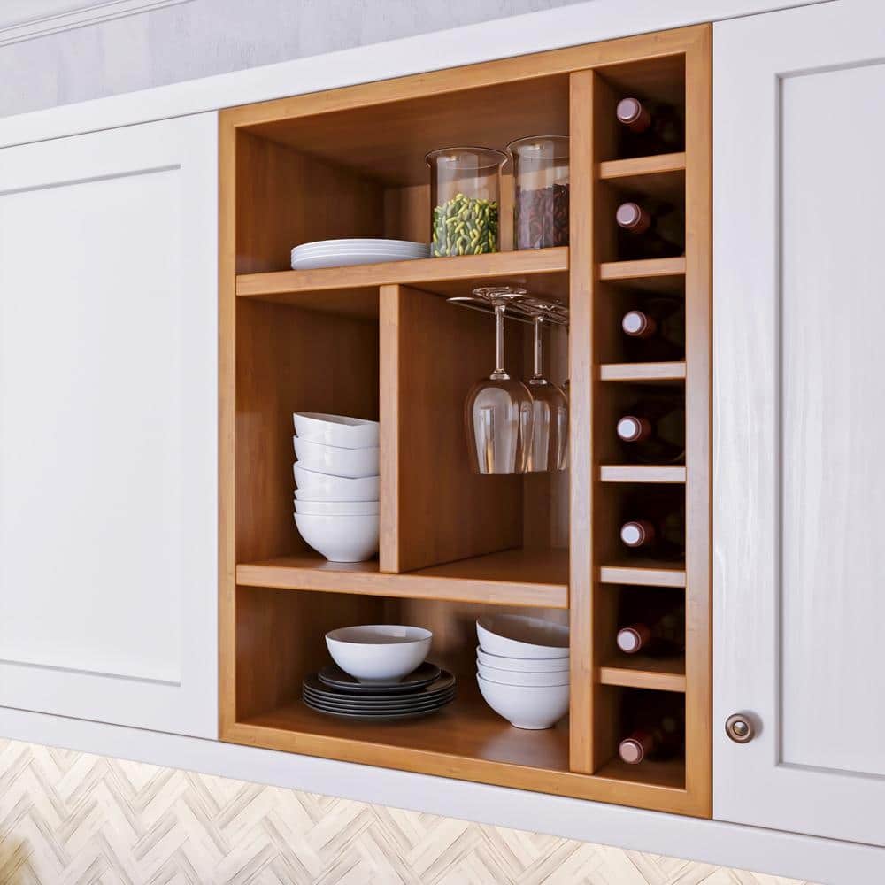 Wooden open pantry shelf with kitchen utensils