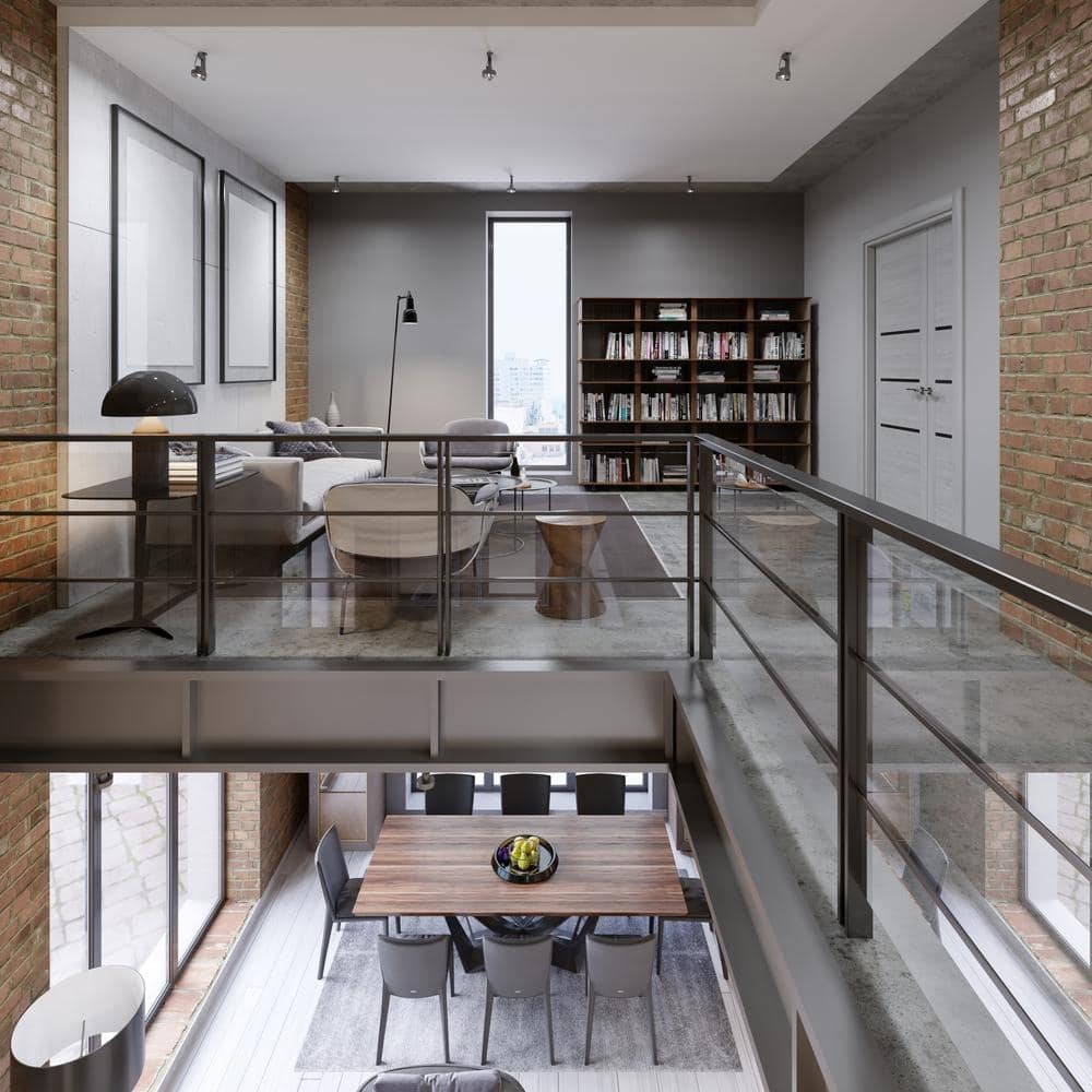 Two level living space with modern grey furniture with built in bookcase