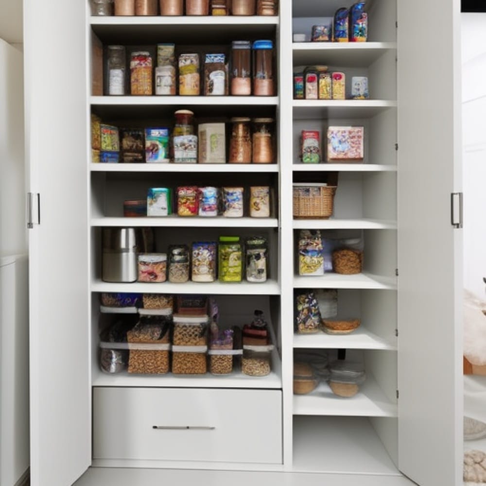White open door kitchen pantry ideas cabinet shelves filled with preserved food and jars