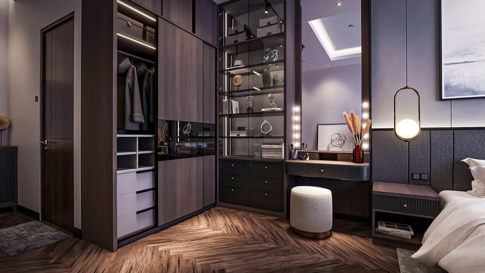 Contemporary bedroom with black closet with sliding doors