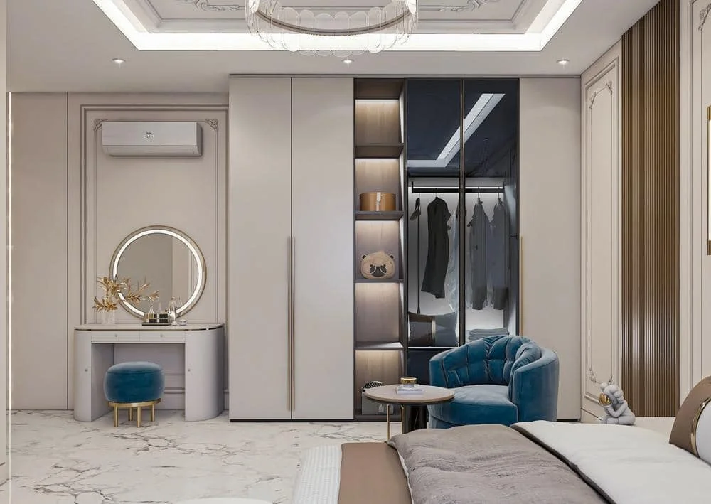 Step into Style: Knock them Dead with These 20 Eye-Catching Closet Door Ideas! 10 Luxury bedroom that has open door white closet full of clothings