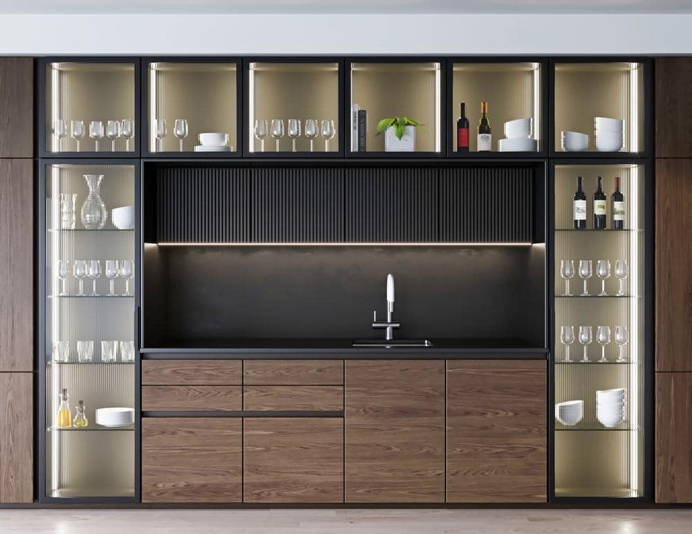 Modern kitchen counter with glass door cabinets that store wine inside