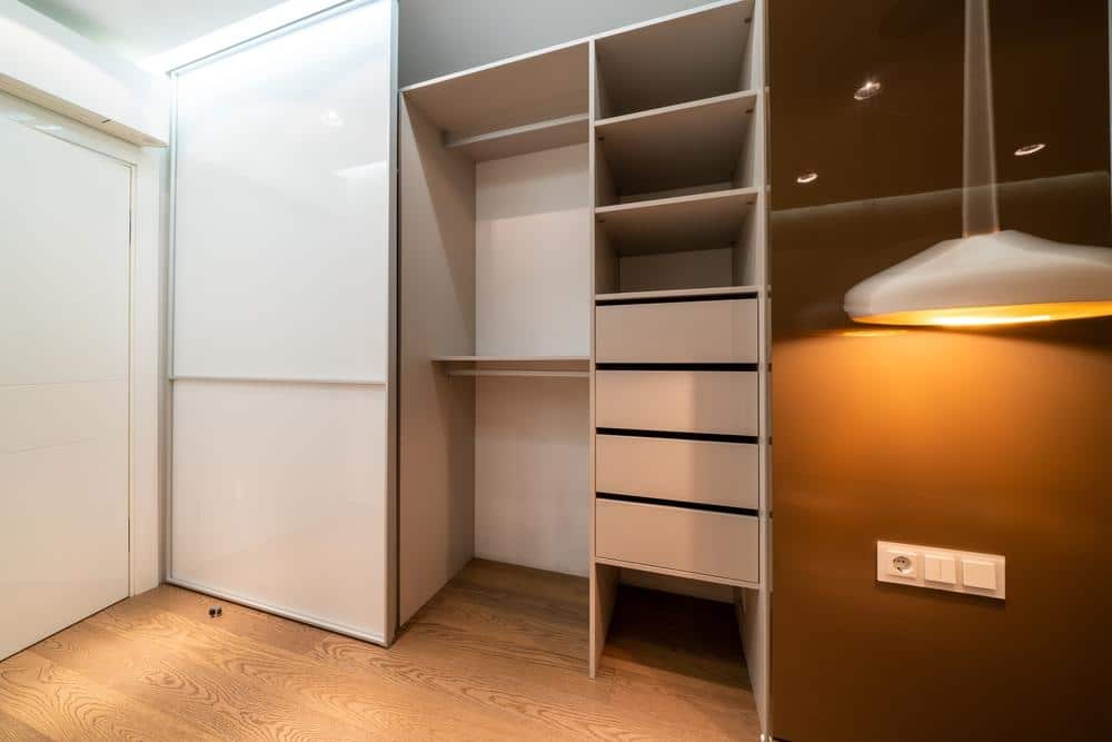 Empty walk in closet with lighting and white closet