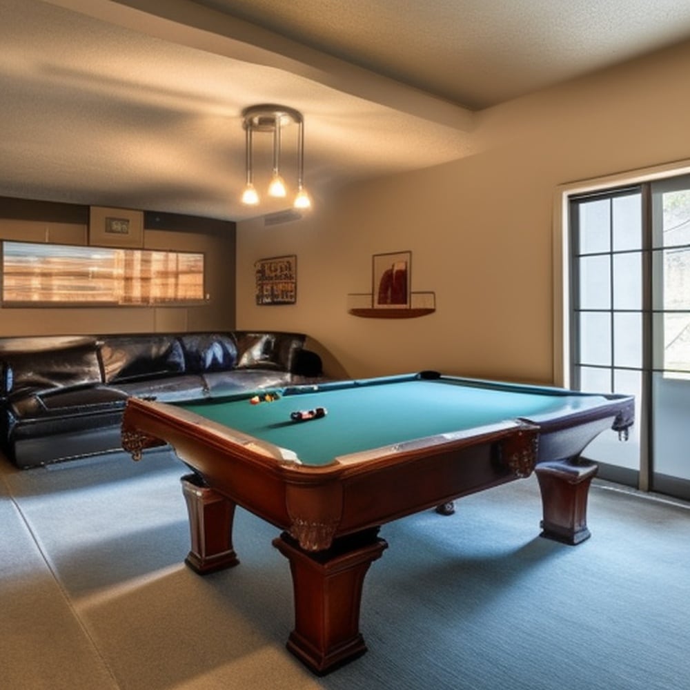 Man cave with big window door and pool table
