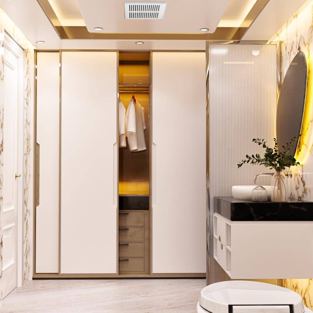 golden white interior bathroom with sliding door closet