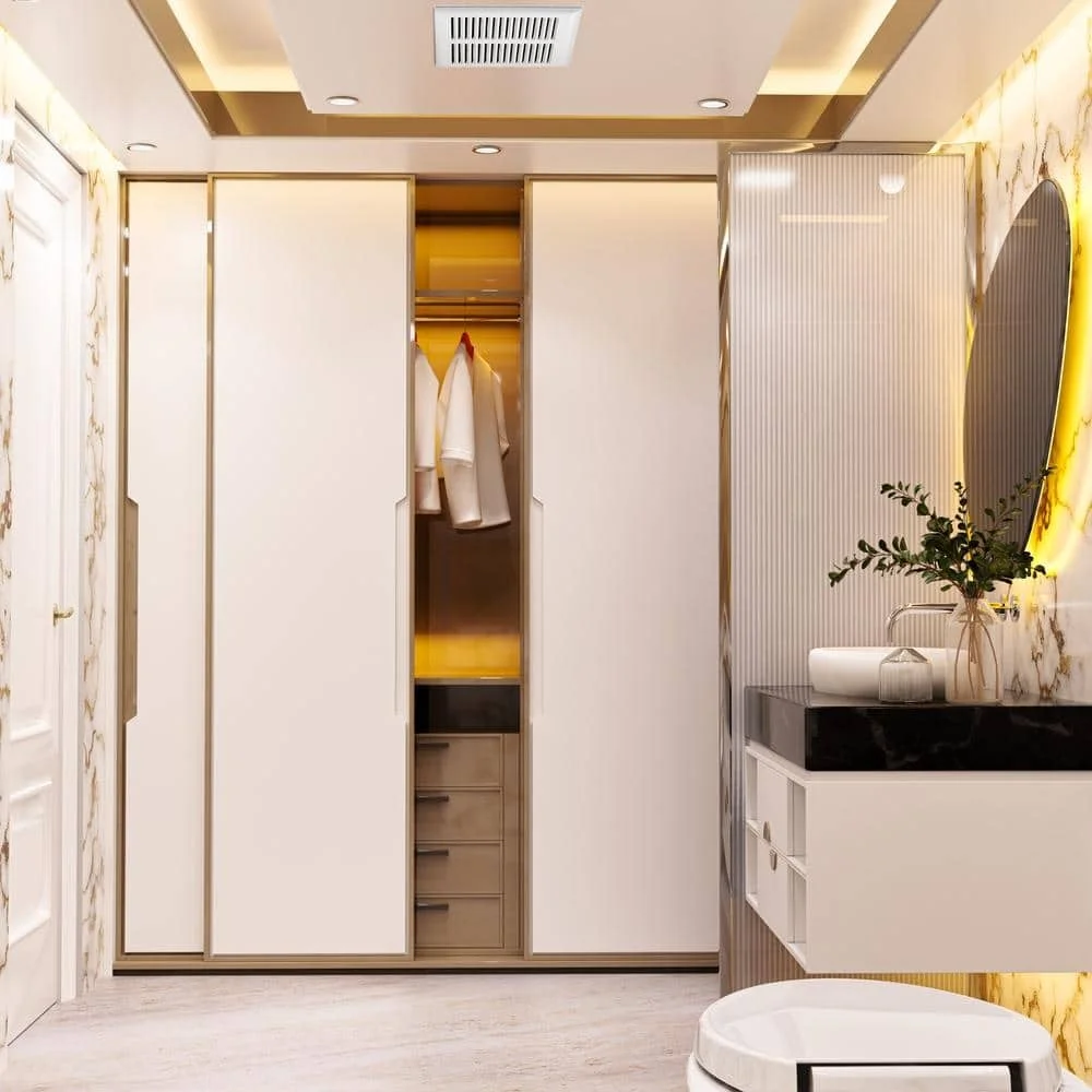 golden white bathroom closet with sliding doors in a white marble floor bathroom