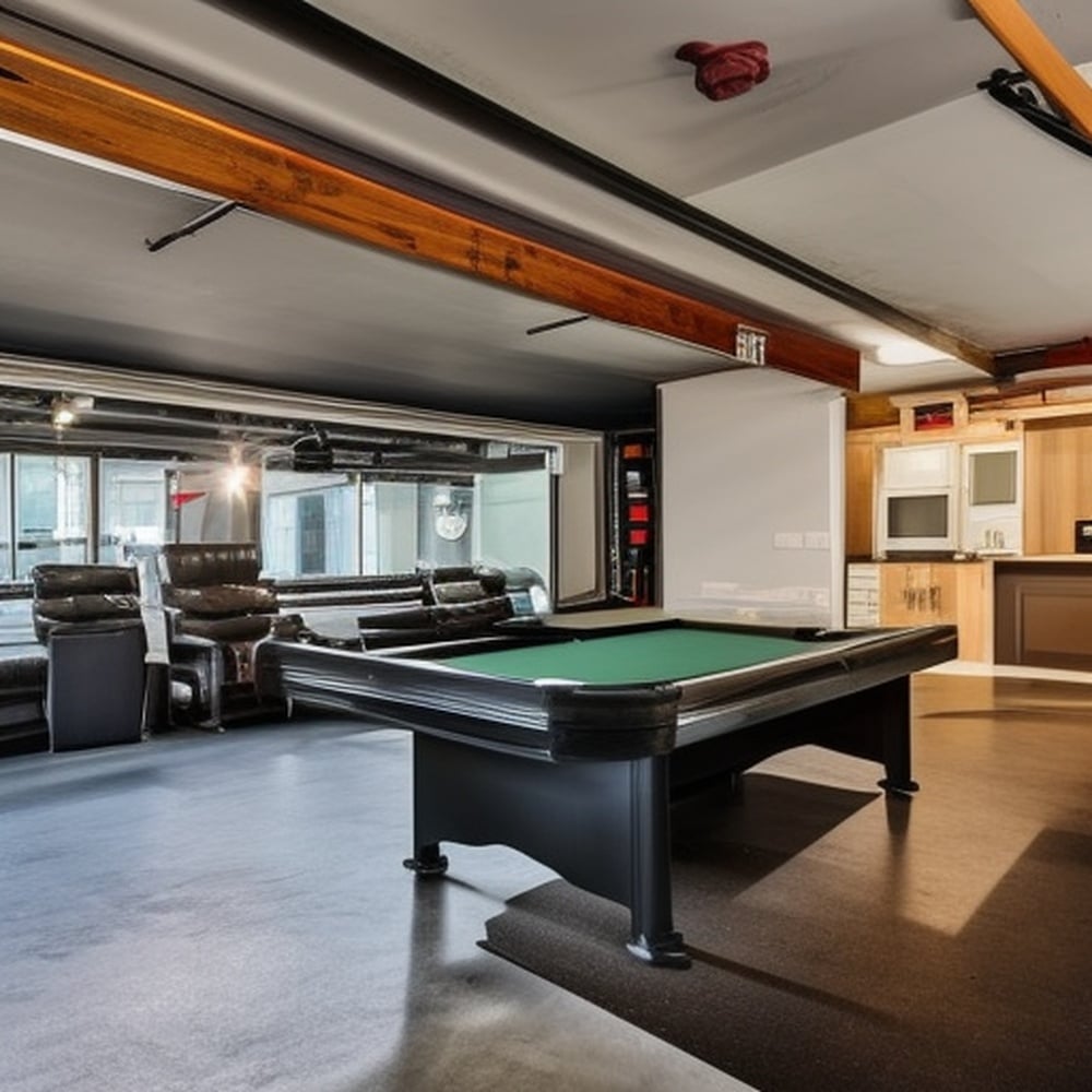 A large open garage man cave ideas with pool table and wall cabinets