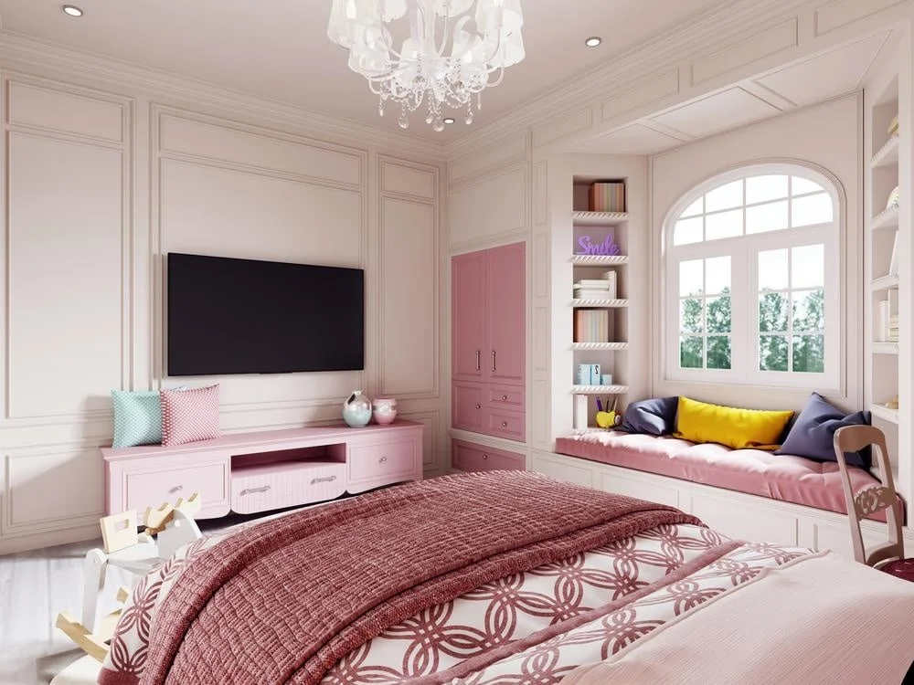 Pink furniture room with chandelier on the ceiling and window by the window seat