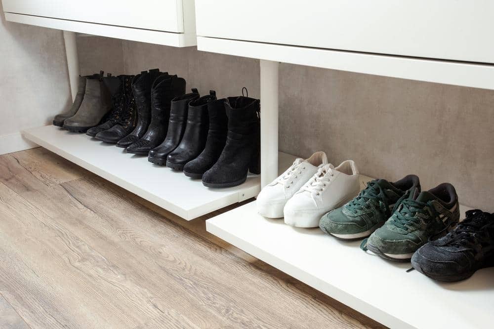 Shoe closet ideas with shoe organizer on the floor