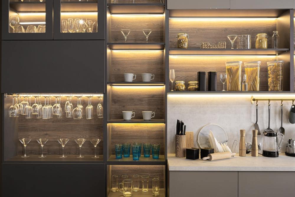 Wine room ideas with glass shelves and cabinet doors