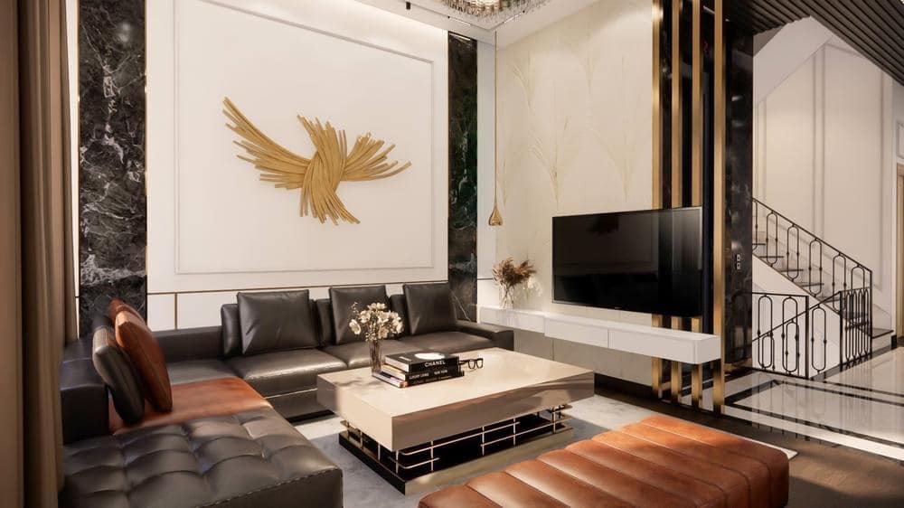 Small luxury living room with golden wall art behind a black couch