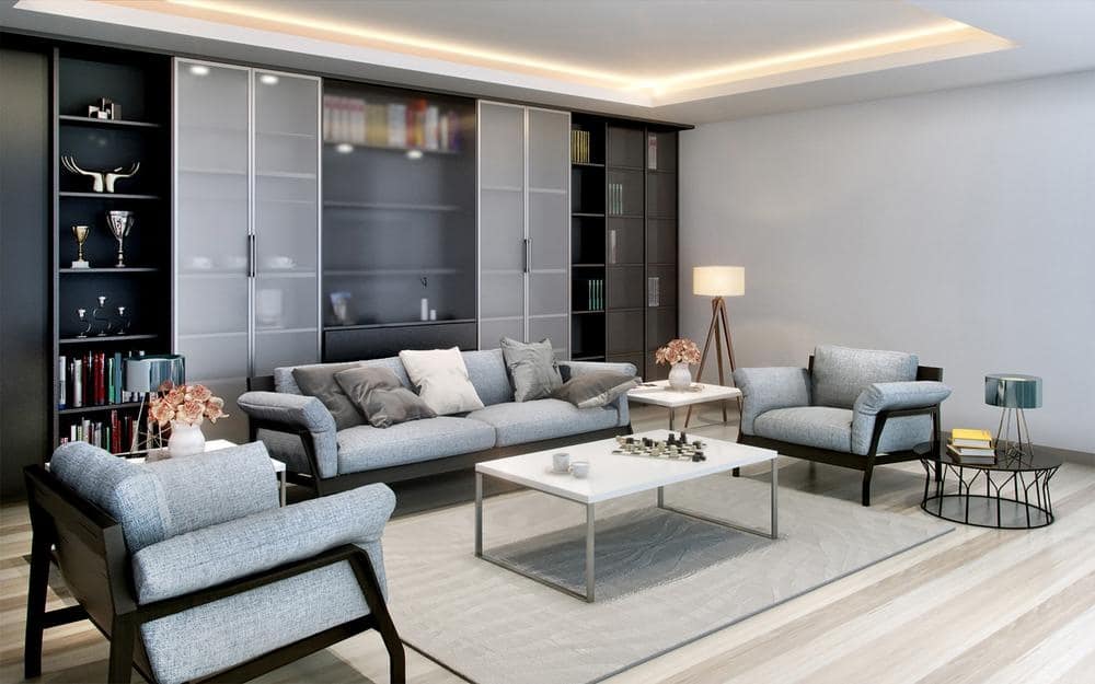 Modern living room ideas grey living room with built in bookshelf with glass door and grey couches in front of it