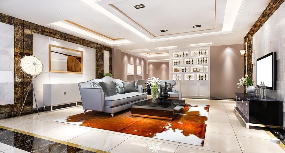 Modern luxury living room with marble flooring and built in mini bar
