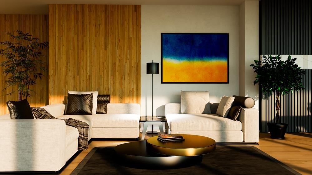 Modern living room with wooden accents on the wall and a large painting next to it