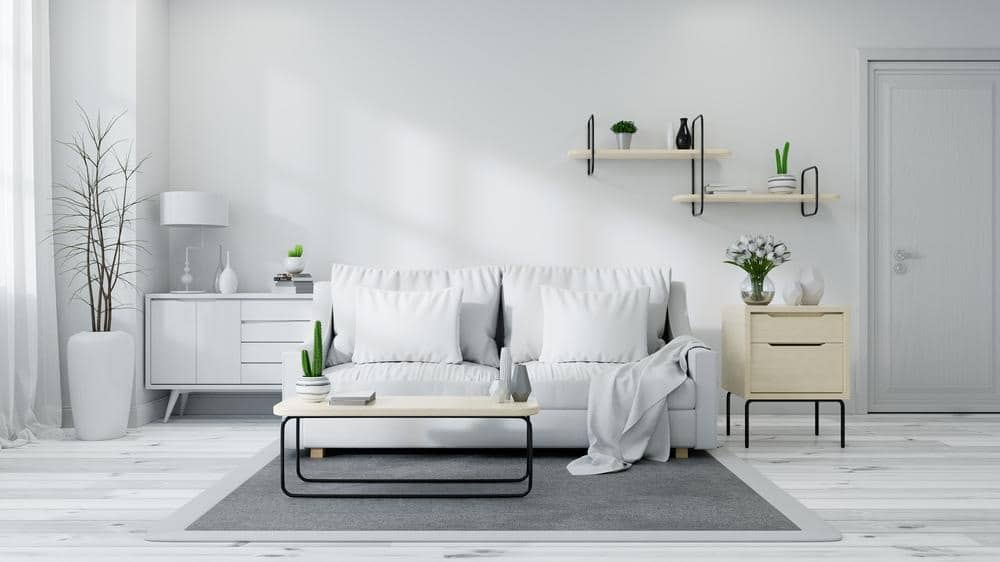 White living room with all white furniture and a grey rug