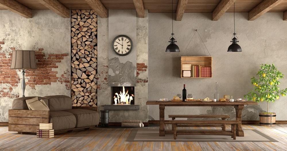 Cozy living room with wood ceiling beams and a brick fireplace