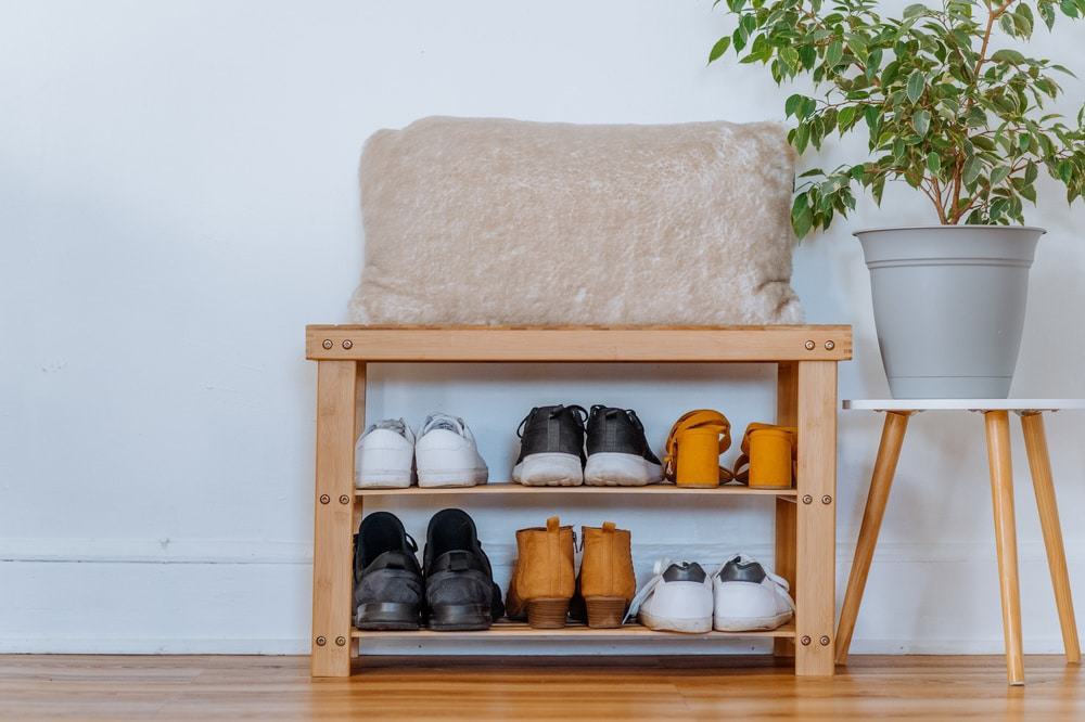 Wooden shoe storage unit with plant next to it