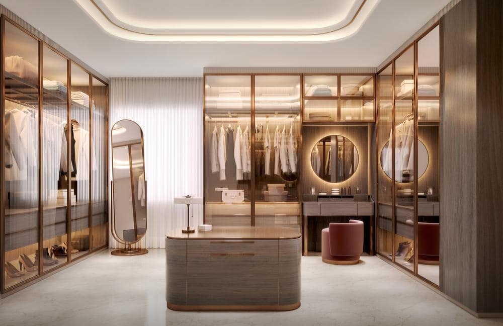 Luxury modern walk in closet with led lighted glass doors and body mirrored walk-in closet ideas