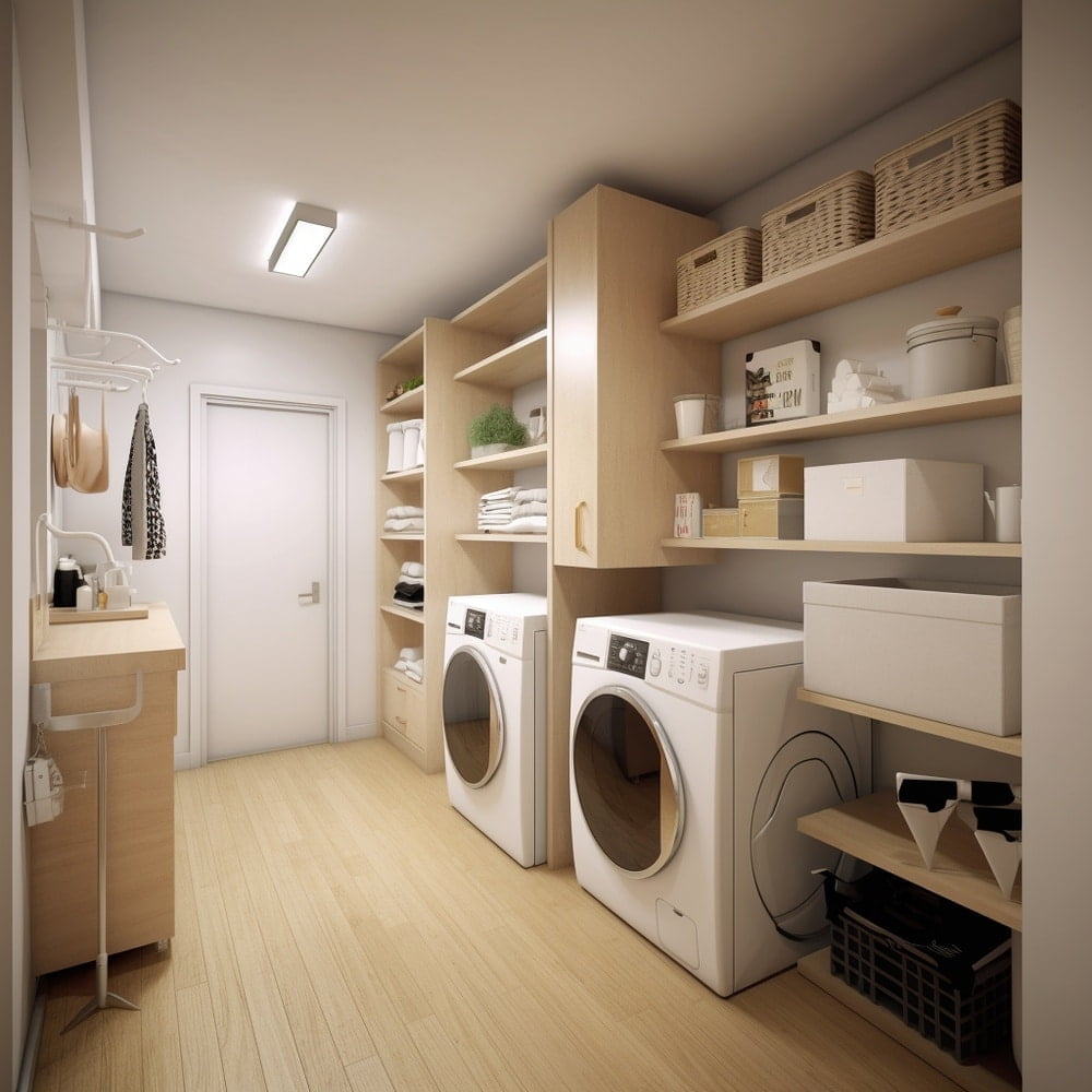 Laundry room with light wooden open shelves for organization