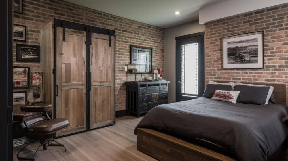 Modern dark themed room with rustic closet with barn door