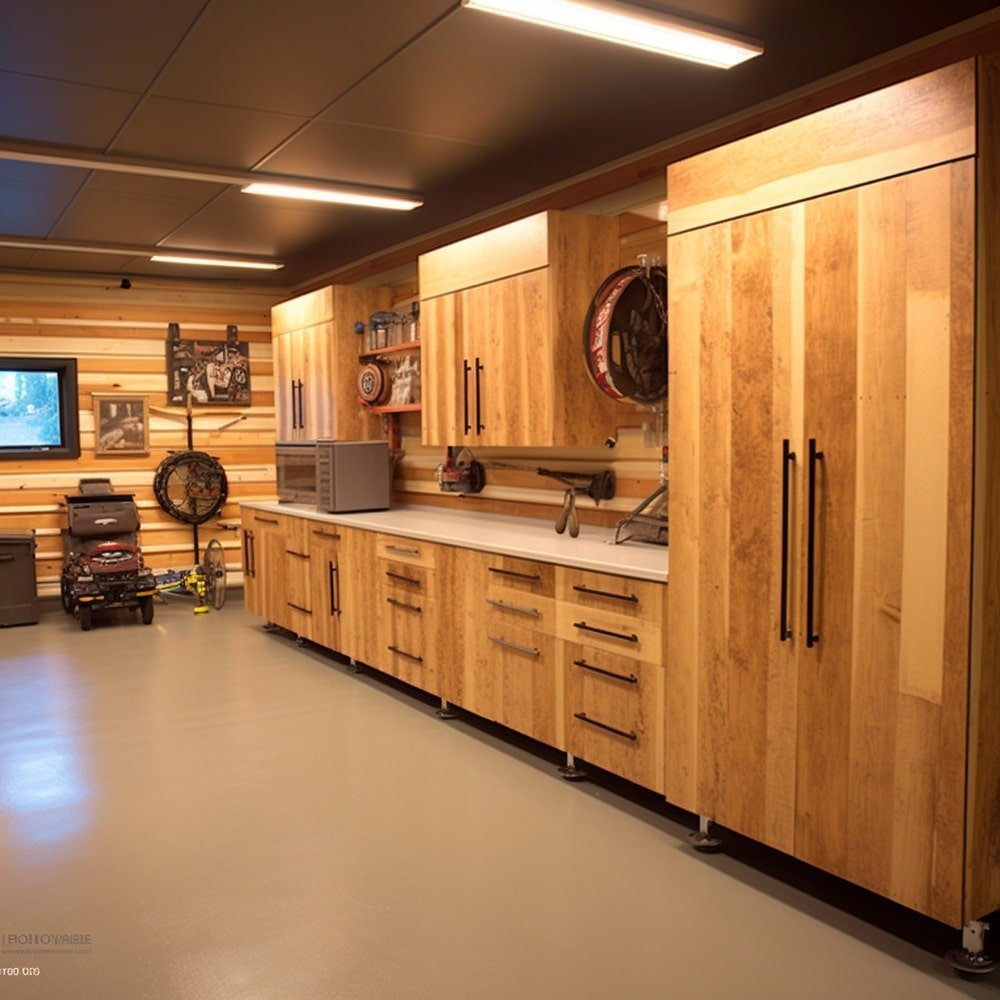 wooden garage cabinets with glossy floor