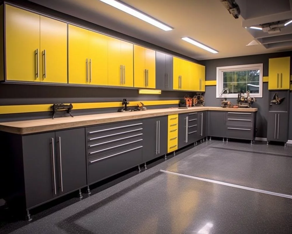 Yellow and grey garage cabinets with drawers