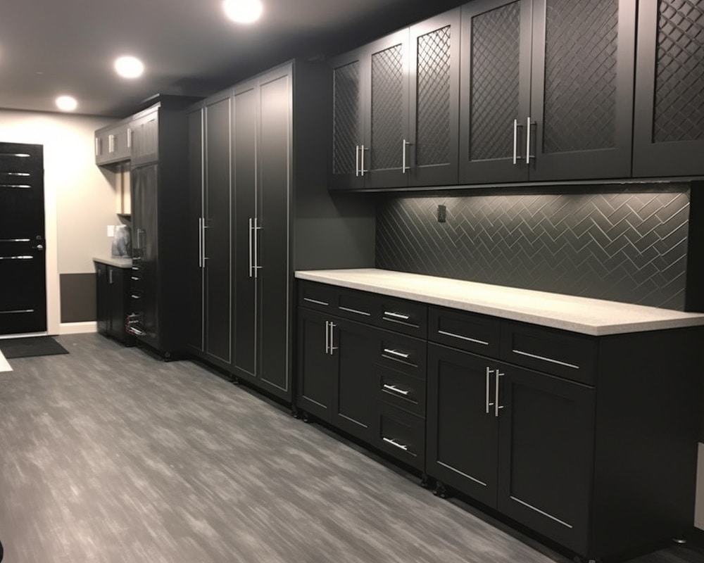 Black garage cabinets with spotlights