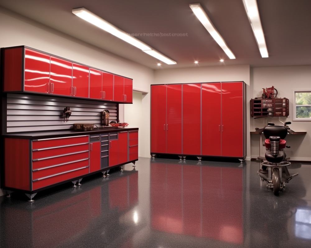 Custom red garage cabinets with a counter