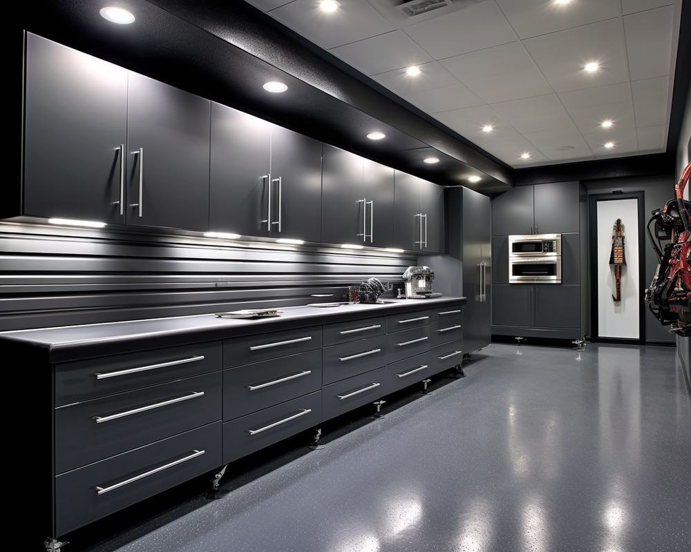 Black garage cabinets with lights